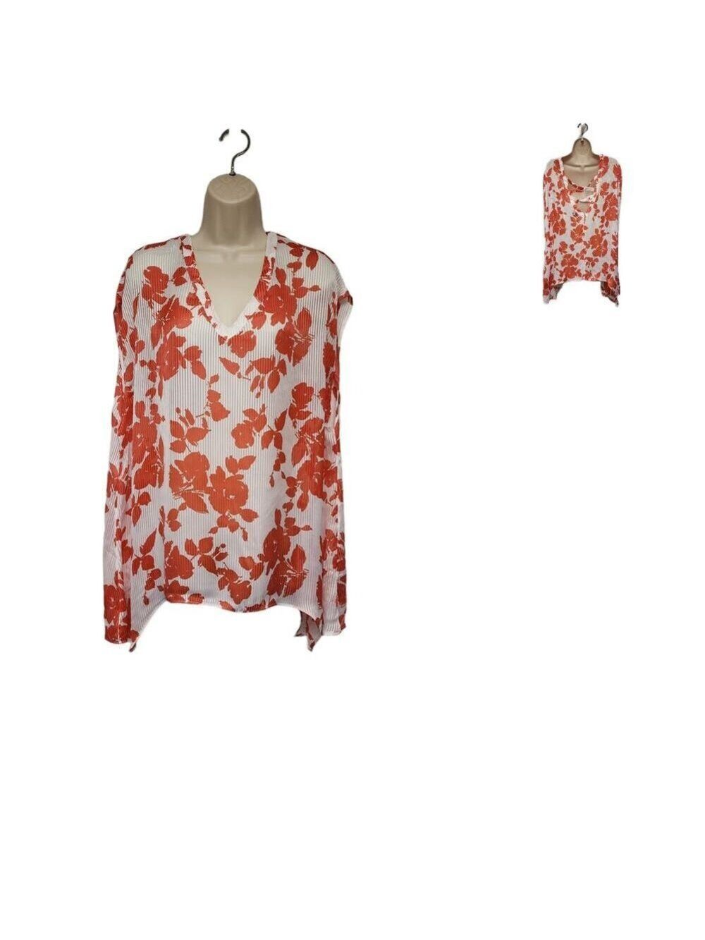 Bold Elements Floral V-Neck Blouse Hanky Hem White/Coral Size 2X